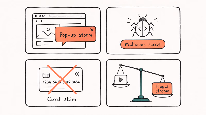Hand-drawn risk chart showing four hazards of unlicensed sports streaming mirror sites.