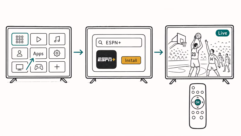 Hand-drawn three-step flow installing a legal sports streaming app on a Smart TV with search and live pill.