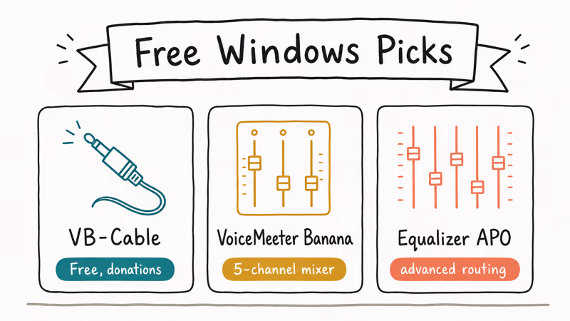Hand-drawn three card lineup of free Windows virtual audio cable alternatives with capability chips