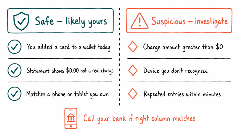 Two column safe versus suspicious checklist for evaluating Visa Provisioning Service statement entries