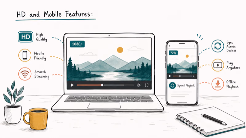 Hand-drawn illustration: HD and Mobile Features: