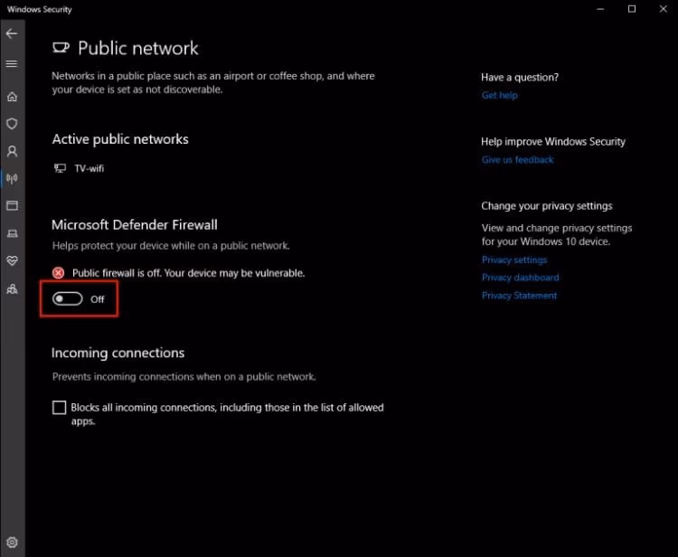 Turn off firewall to Fix VLC is unable to open the MRL