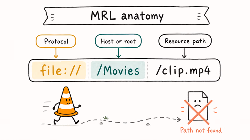 MRL anatomy diagram splitting a file URL into protocol host and path with VLC failing on missing file