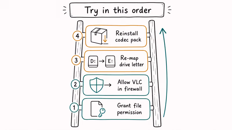 Step ladder of four Windows fixes for VLC MRL error permission firewall drive letter and codec