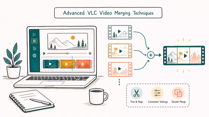 Hand-drawn illustration: Advanced VLC Video Merging Techniques