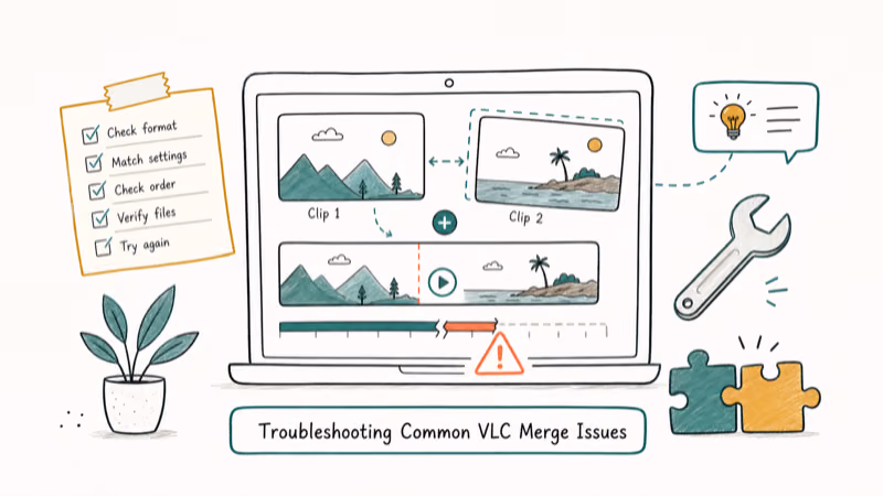 Hand-drawn illustration: Troubleshooting Common VLC Merge Issues