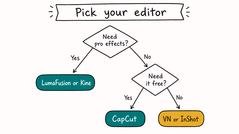 Decision flow guiding creators to pick LumaFusion CapCut VN or InShot based on needs and budget