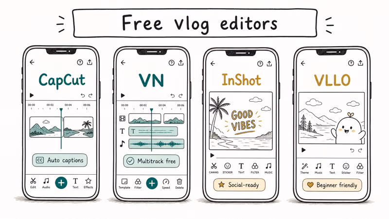 Row of four phone screens showing CapCut VN InShot and VLLO free vlog editor apps with feature tags