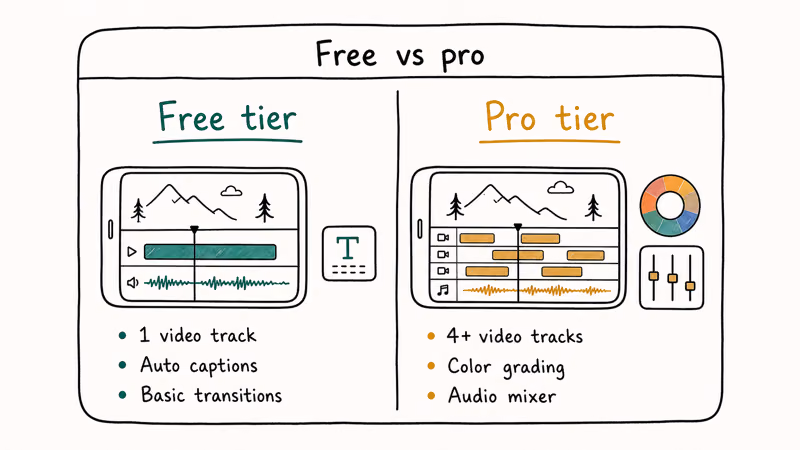 Two column card comparing free and pro tier mobile vlog editors highlighting multitrack and color grading