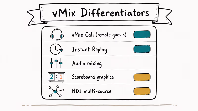 Hand-drawn five item feature card showing vMix call instant replay audio mixing scoreboard graphics and NDI multi source