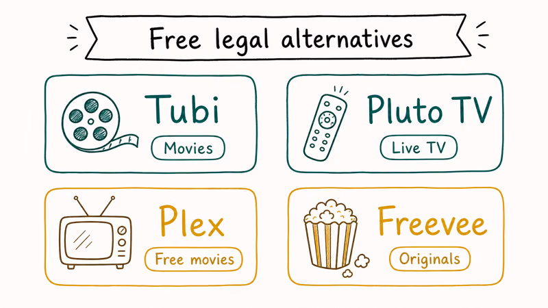 2 by 2 grid of Tubi Pluto Plex and Freevee tiles highlighting strongest content type per service