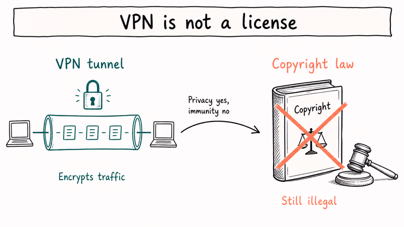 Diagram showing a VPN tunnel hiding traffic but a copyright book blocking legal immunity for streaming