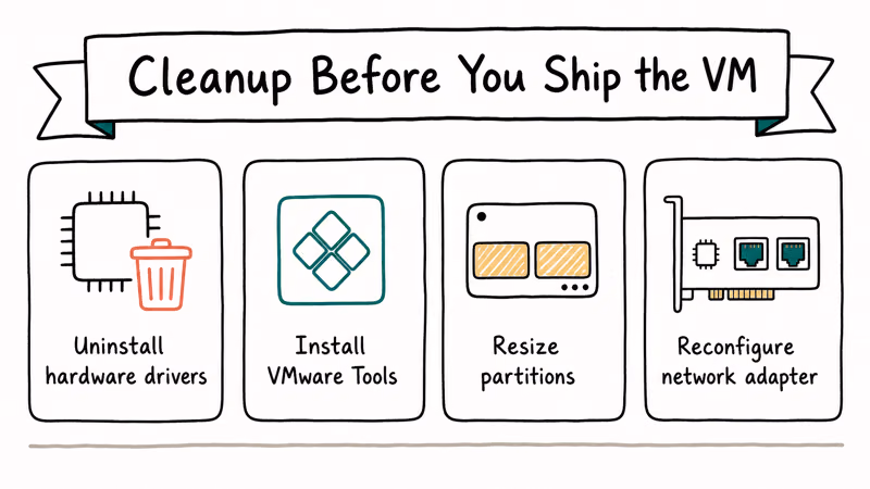 Hand-drawn four card cleanup checklist for post P2V migration covering driver removal VMware Tools partitions and network