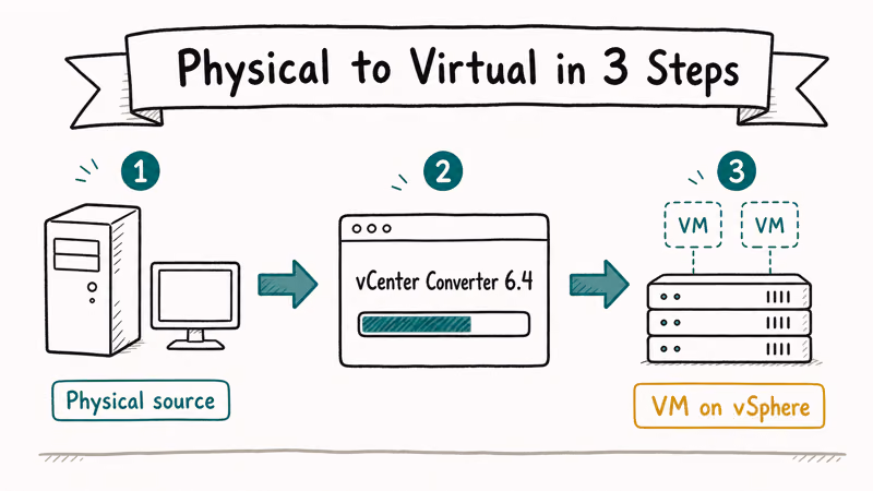 Hand-drawn three step flow showing a physical machine going through VMware Converter into a virtual machine on vSphere