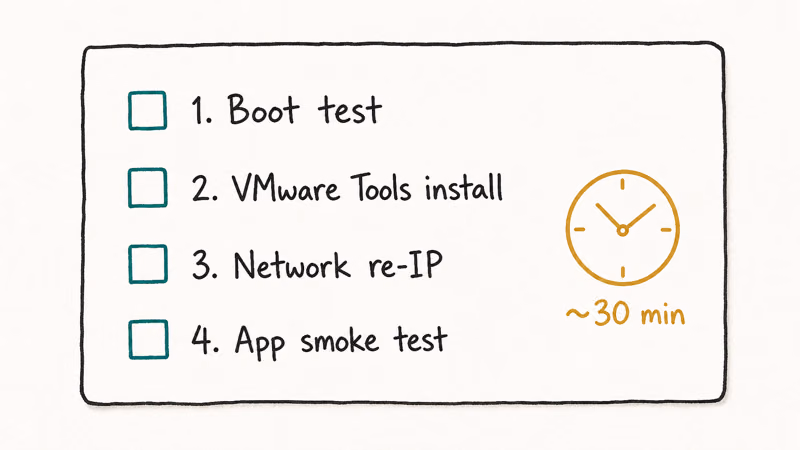 Hand-drawn checklist of four post-P2V verification steps including boot test tools install re-IP and smoke test.