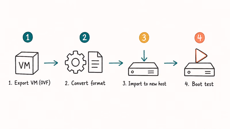 Hand-drawn four-step migration flow from free ESXi to a new hypervisor including export convert import and boot test.