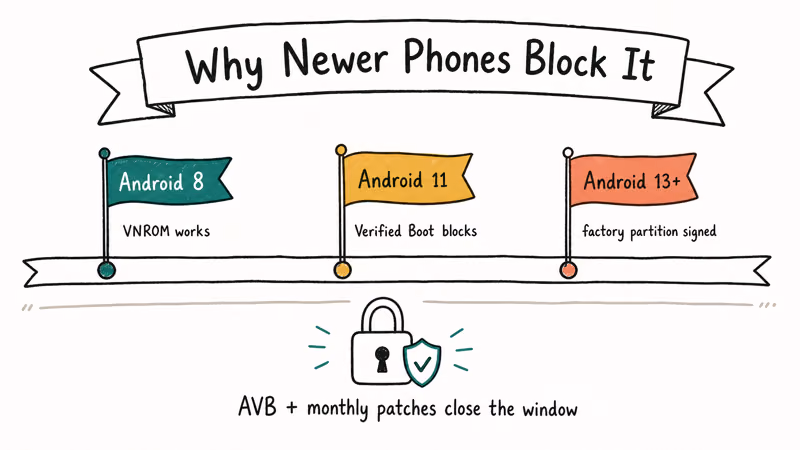 Hand-drawn timeline showing Android Verified Boot closing the VNROM bypass window from Android 8 to Android 13 plus