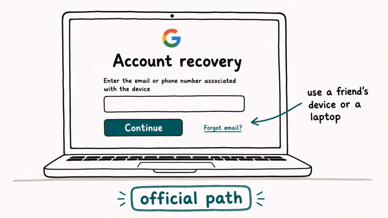 Hand-drawn laptop screen showing the Google account recovery page with continue button highlighted for official recovery