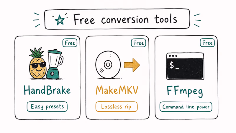 Three tile card showing HandBrake MakeMKV and FFmpeg with their wordmarks and specialty taglines