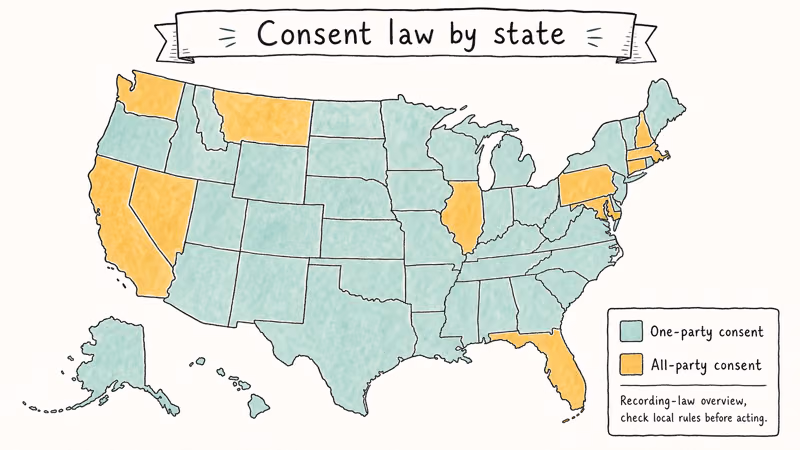 US map showing one party consent states in teal and all party consent states in amber for recording