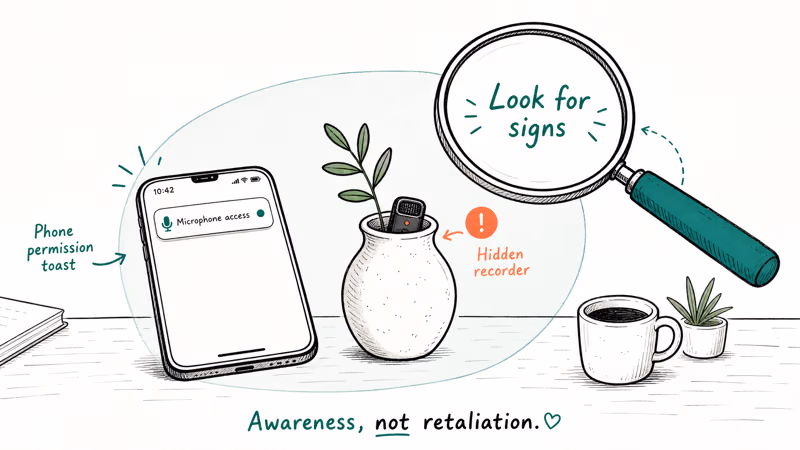 Detection scene with phone microphone access toast hidden audio recorder and magnifying glass spotlight
