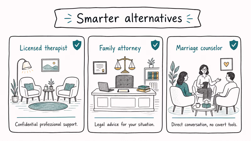 Three tile card showing licensed therapist family attorney and marriage counselor as smarter alternatives