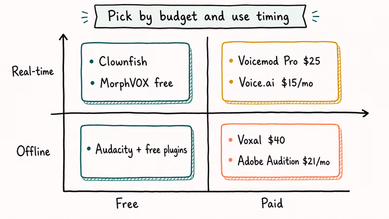 Two by two quadrant decision grid mapping voice changer apps across free paid real time offline categories