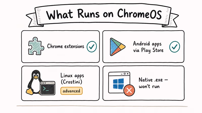 Hand-drawn four cell grid showing Chrome extensions Android apps Linux apps work on ChromeOS while Windows exes do