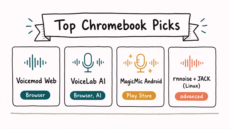 Hand-drawn four card lineup of voice changer tools for Discord on Chromebook with their platform chips