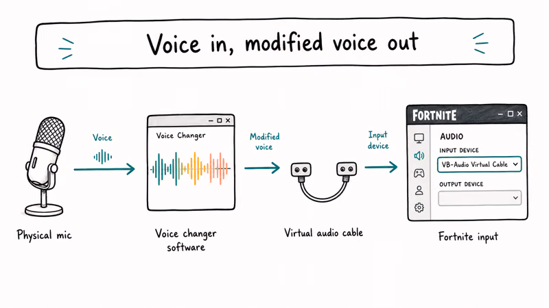 Flow diagram showing mic into voice changer through a virtual audio cable into Fortnite input dropdown
