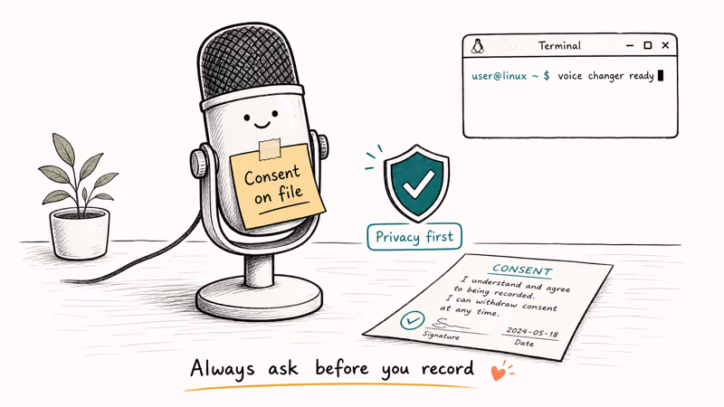 Microphone with a consent slip and a teal shield reminding voice changer users to record only with consent