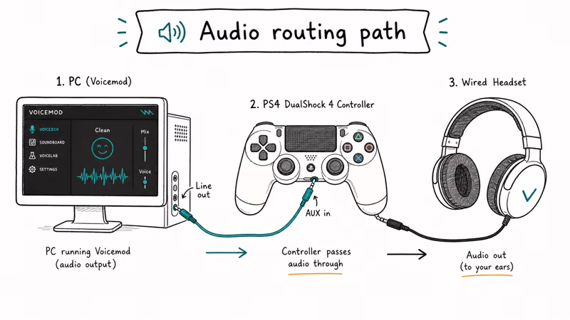 Cable routing diagram from PC line-out into PS4 controller AUX and out to headset showing audio path