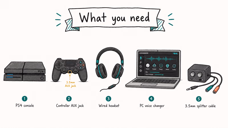 Gear lineup of PS4 controller headset PC voice changer software and audio interface or splitter cable
