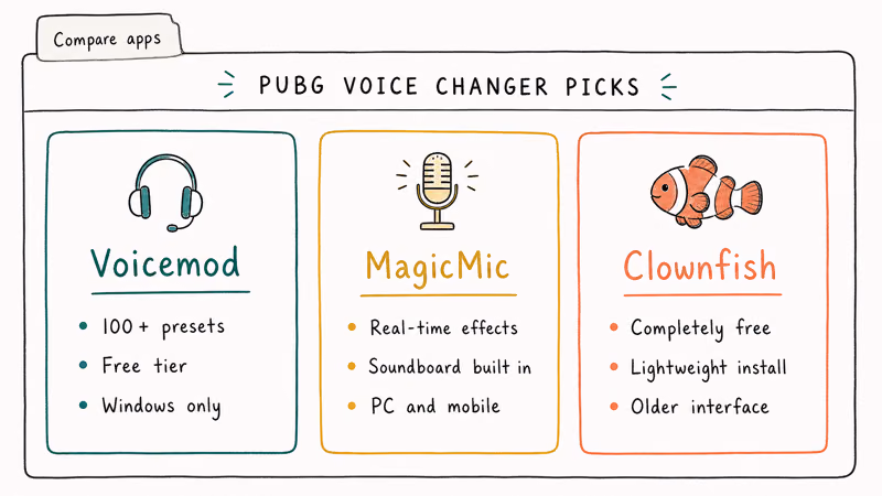 Side by side comparison of Voicemod MagicMic and Clownfish voice changer apps for PUBG players