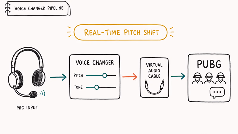 Diagram of voice changer pipeline from microphone through pitch shift app into PUBG squad voice chat