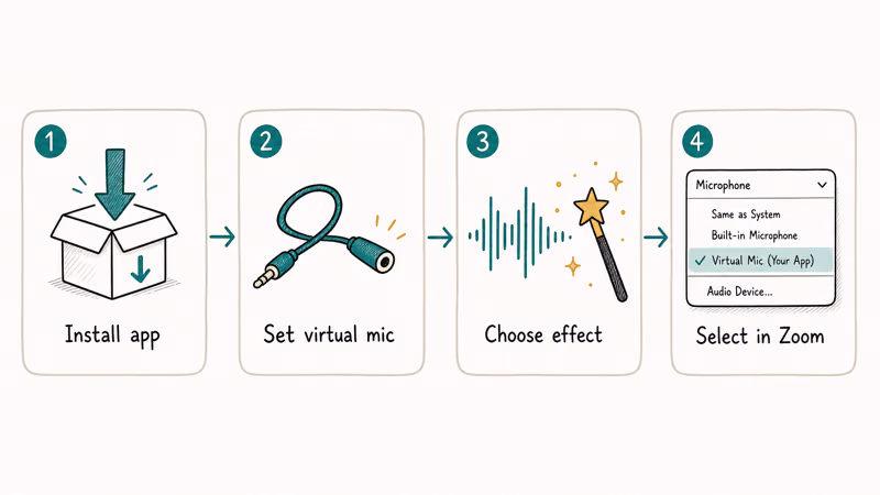 Hand-drawn four step flow setting up a voice changer install app set virtual mic choose effect and select