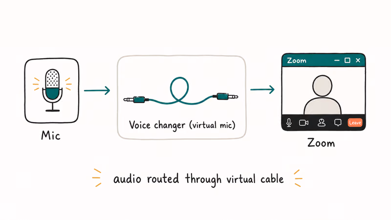 Hand-drawn audio signal flow showing microphone through voice changer virtual mic into a Zoom window with explanation note