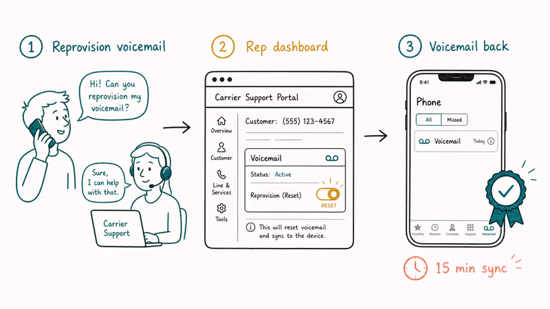 Three-step carrier escalation ladder calling support requesting reprovision and seeing voicemail icon return