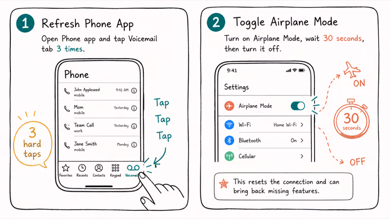 Two-panel quick fix showing hard taps on the voicemail tab and airplane mode toggle to refresh the icon