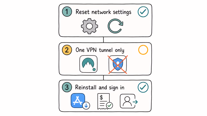 Ordered iPhone VPN fix sequence covering network reset single tunnel and account sign-in