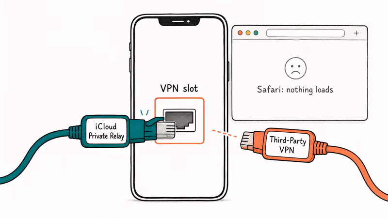 iCloud Private Relay and a third-party VPN competing for the single iOS VPN slot