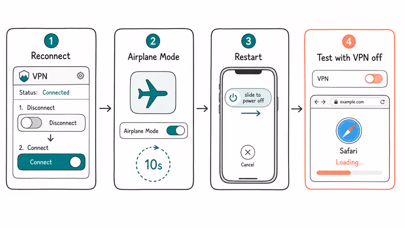 Four-step iPhone VPN reset flow from reconnect to Airplane Mode to restart to test