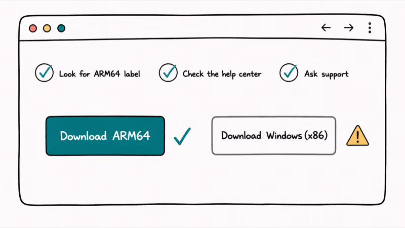 Mock VPN download page comparing an ARM64 build button against a generic x86 Windows installer