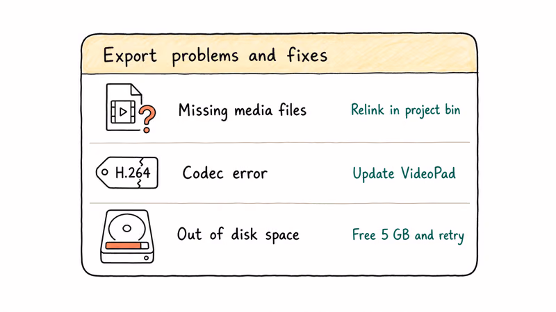 Trouble card listing three export problems missing media codec error and disk space with quick fixes