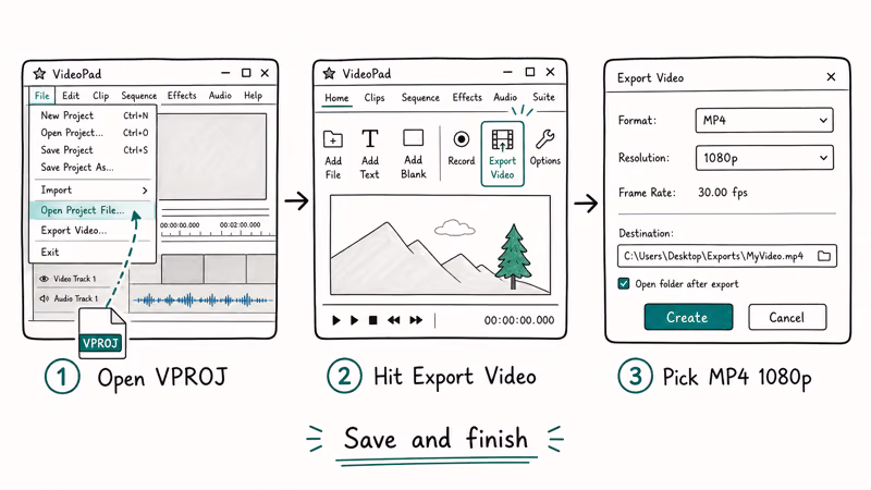 Three step strip showing VideoPad opening a VPROJ then choosing MP4 1080p export and saving the file