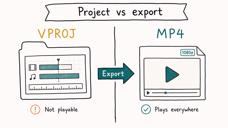 Side by side comparison of a VPROJ project blueprint and an MP4 video file with an export arrow