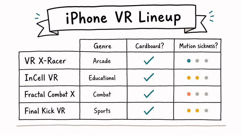 Hand-drawn comparison grid of four iPhone VR games covering genre Cardboard support and motion sickness