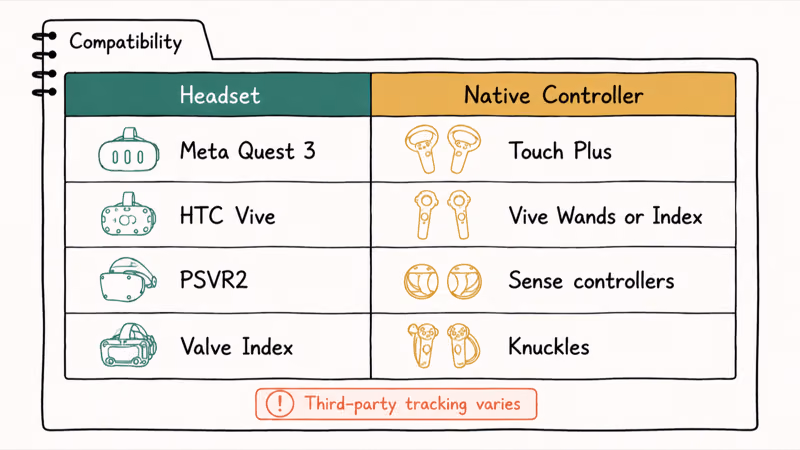 Table matching VR headsets like Quest Vive PSVR2 and Index to their native controller models