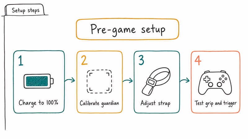 Four step setup checklist for charging calibrating adjusting and testing VR controllers before play