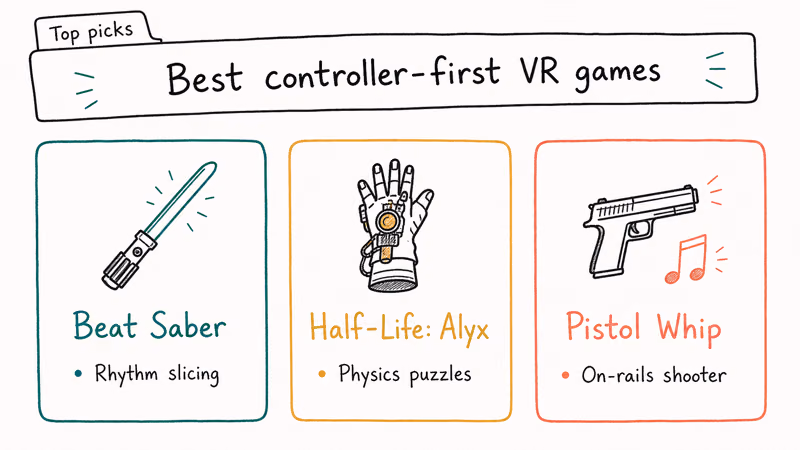 Three cards highlighting Beat Saber Half-Life Alyx and Pistol Whip as top VR controller games